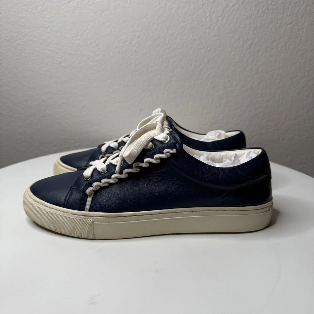 Tory Burch Sport Blue Ruffle Leather Lace Up Low Top Sneakers Logo Size 8.5